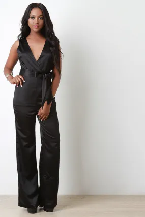 Satin Surplice Wide Leg Jumpsuit