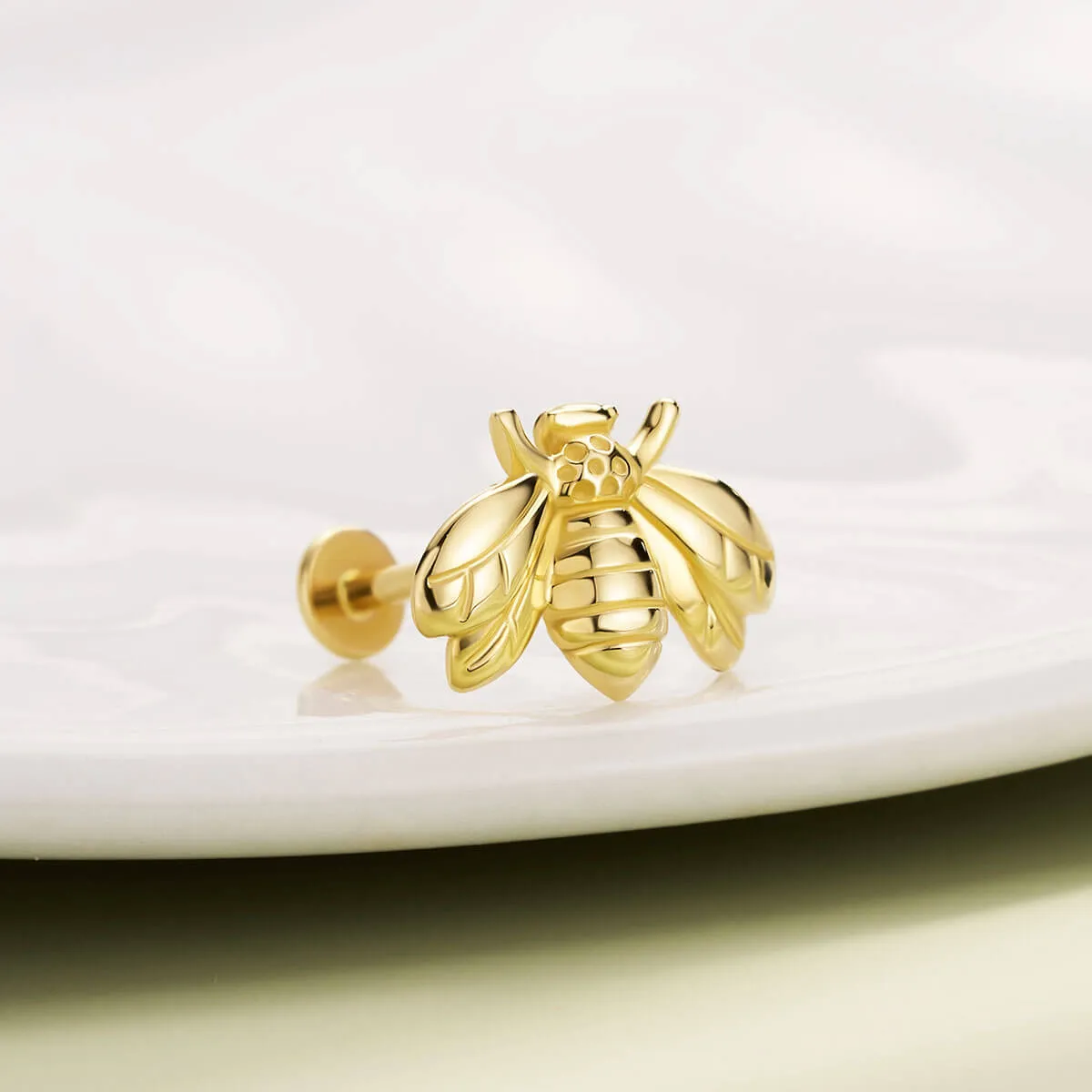 14K Solid Gold Bee Style Push Pin Labret Stud for Nose