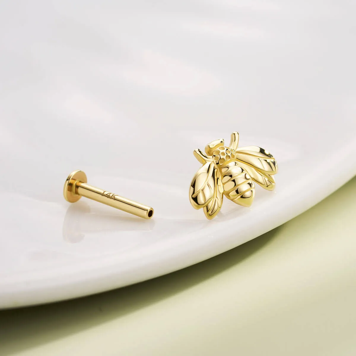 14K Solid Gold Bee Style Push Pin Labret Stud for Nose