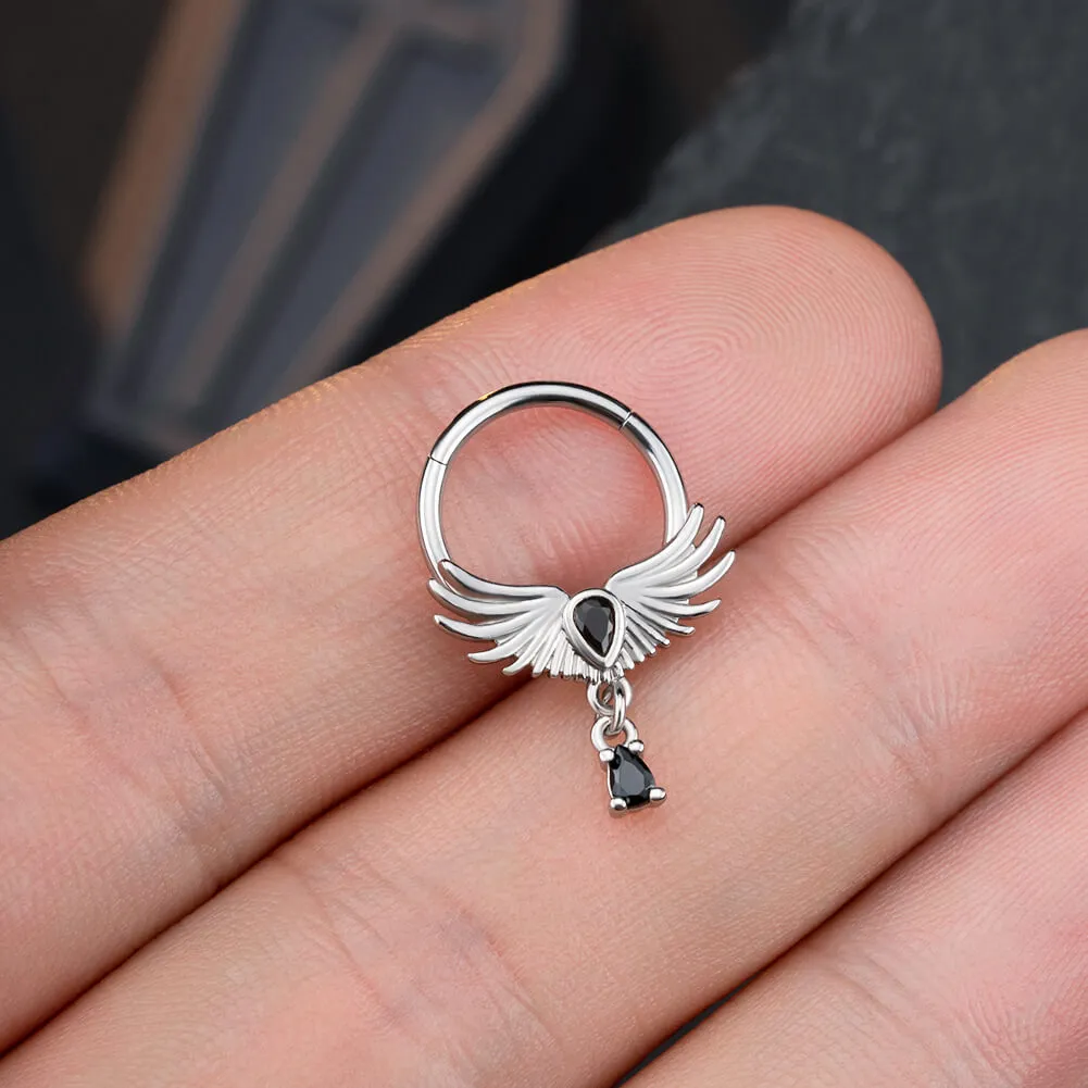 16G Hawk Wings Black CZ Gem Dangle Hinged Segment Septum Ring