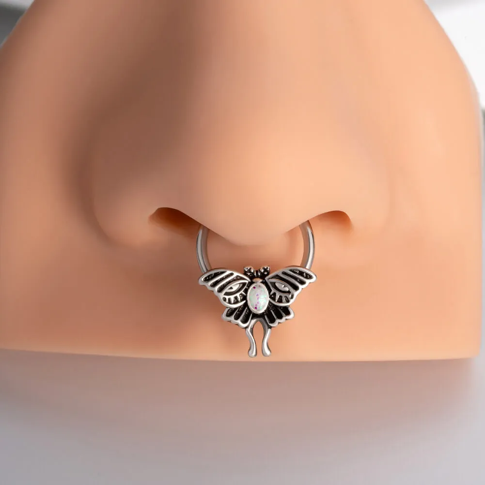 16G Retro Opal Moon Phase Moth Hinged Segment Septum Ring