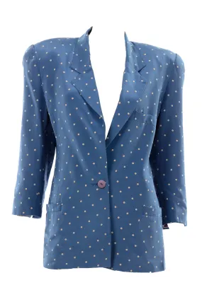 1980s Blue Silk Longline Blazer w/ White Polka Dots