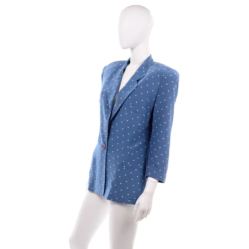 1980s Blue Silk Longline Blazer w/ White Polka Dots