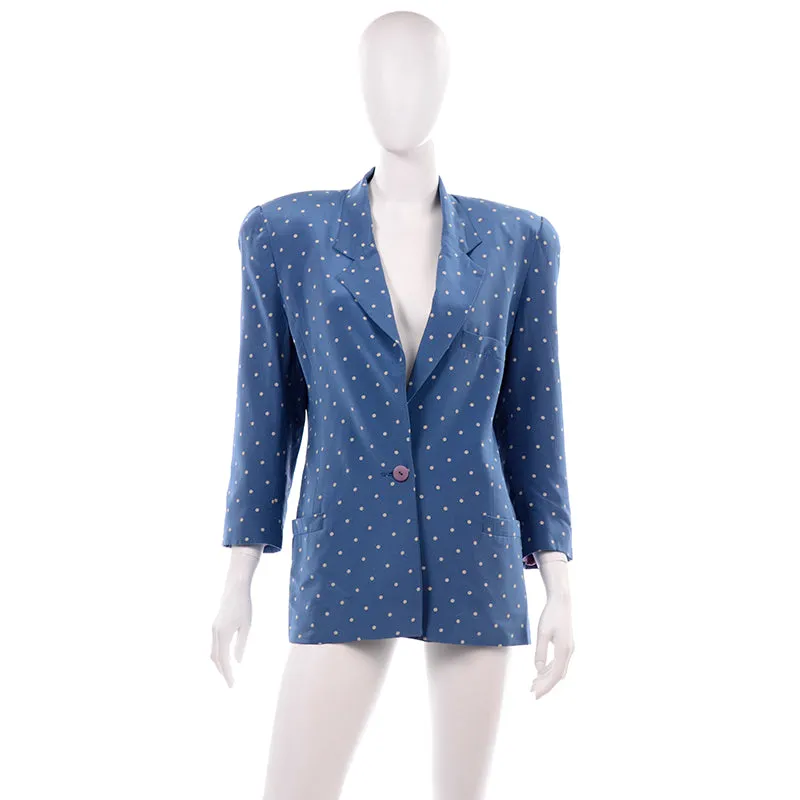 1980s Blue Silk Longline Blazer w/ White Polka Dots