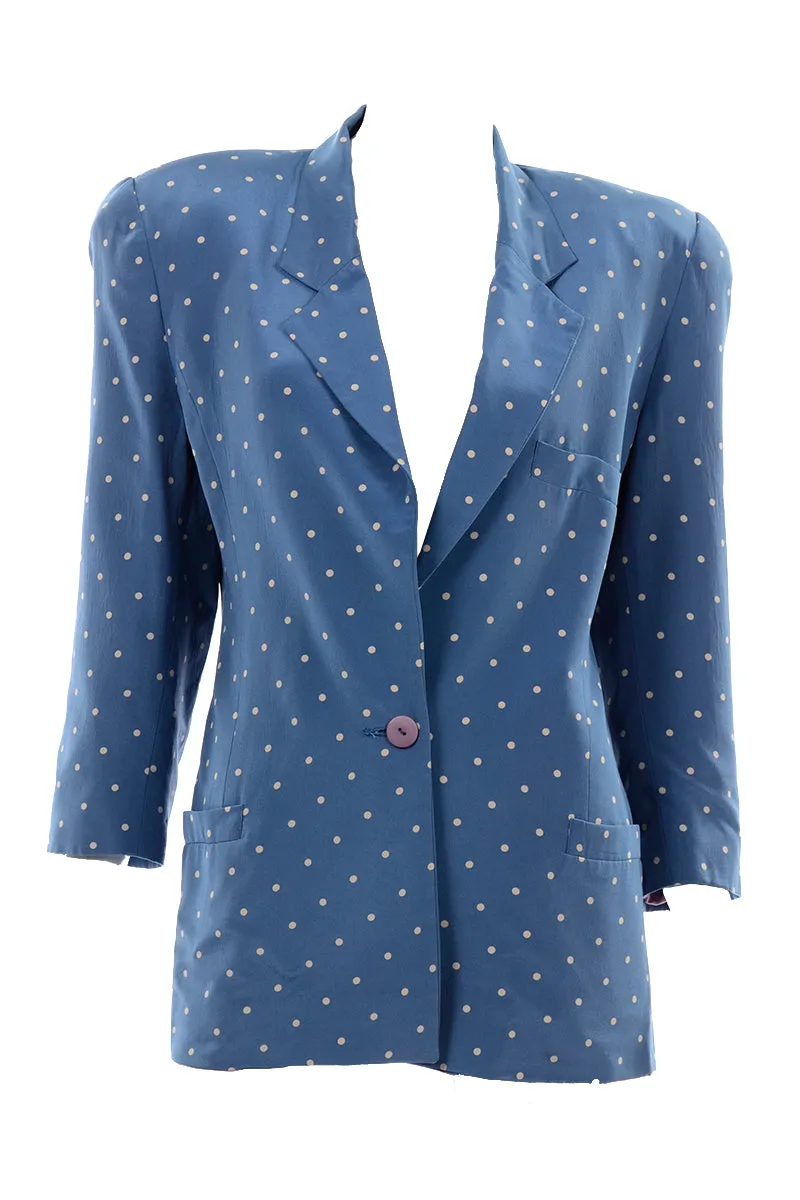 1980s Blue Silk Longline Blazer w/ White Polka Dots