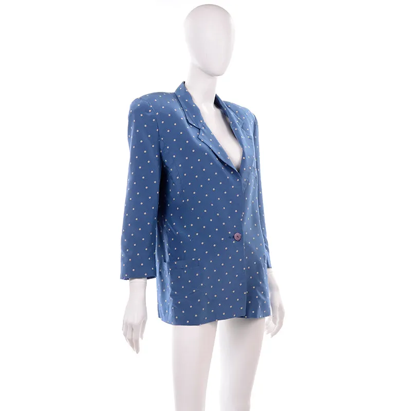 1980s Blue Silk Longline Blazer w/ White Polka Dots