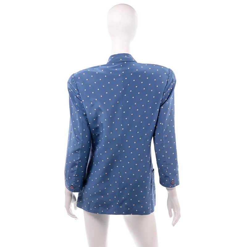 1980s Blue Silk Longline Blazer w/ White Polka Dots