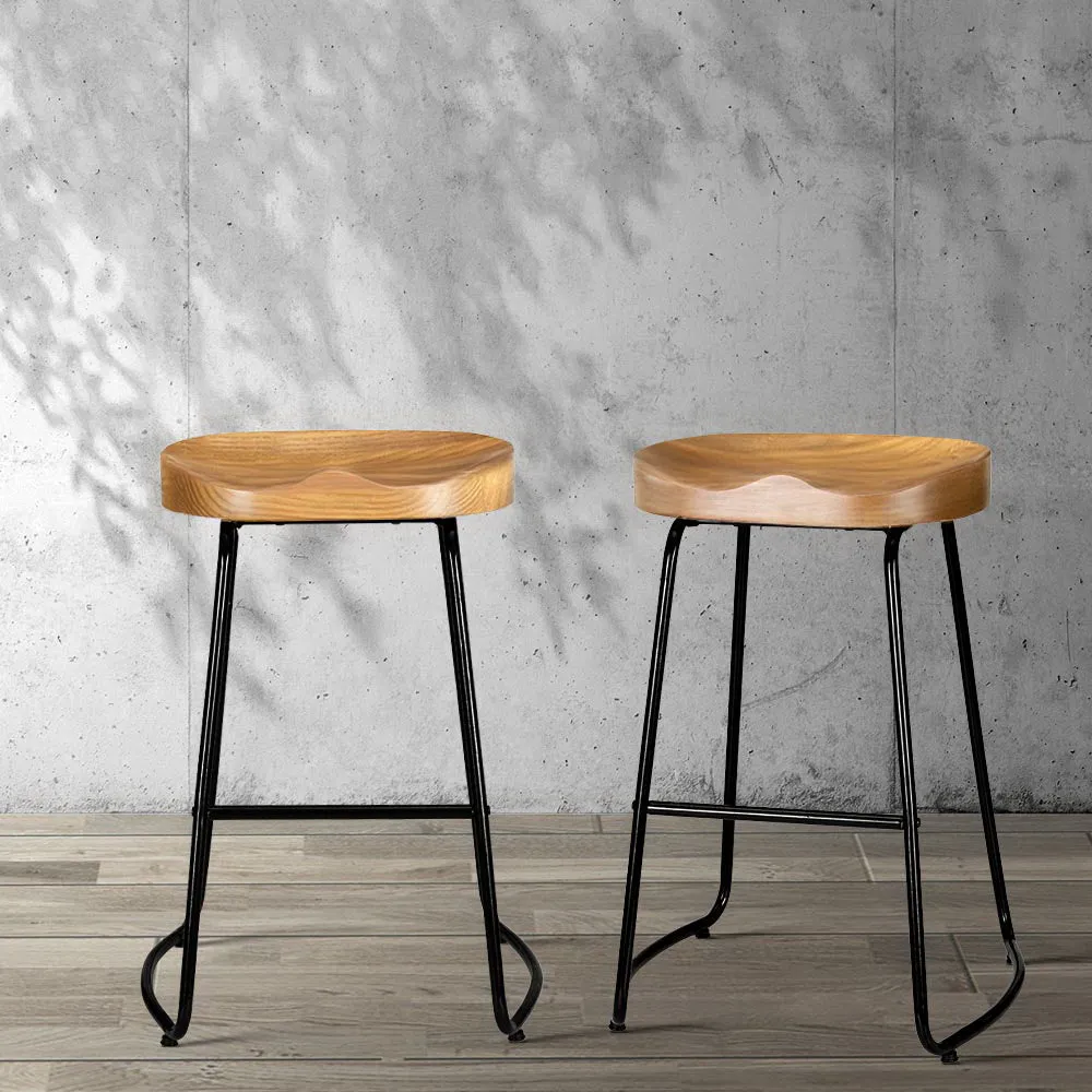 2x Wooden Backless Bar Stools Elm Wood Seat Retro Vintage Seating