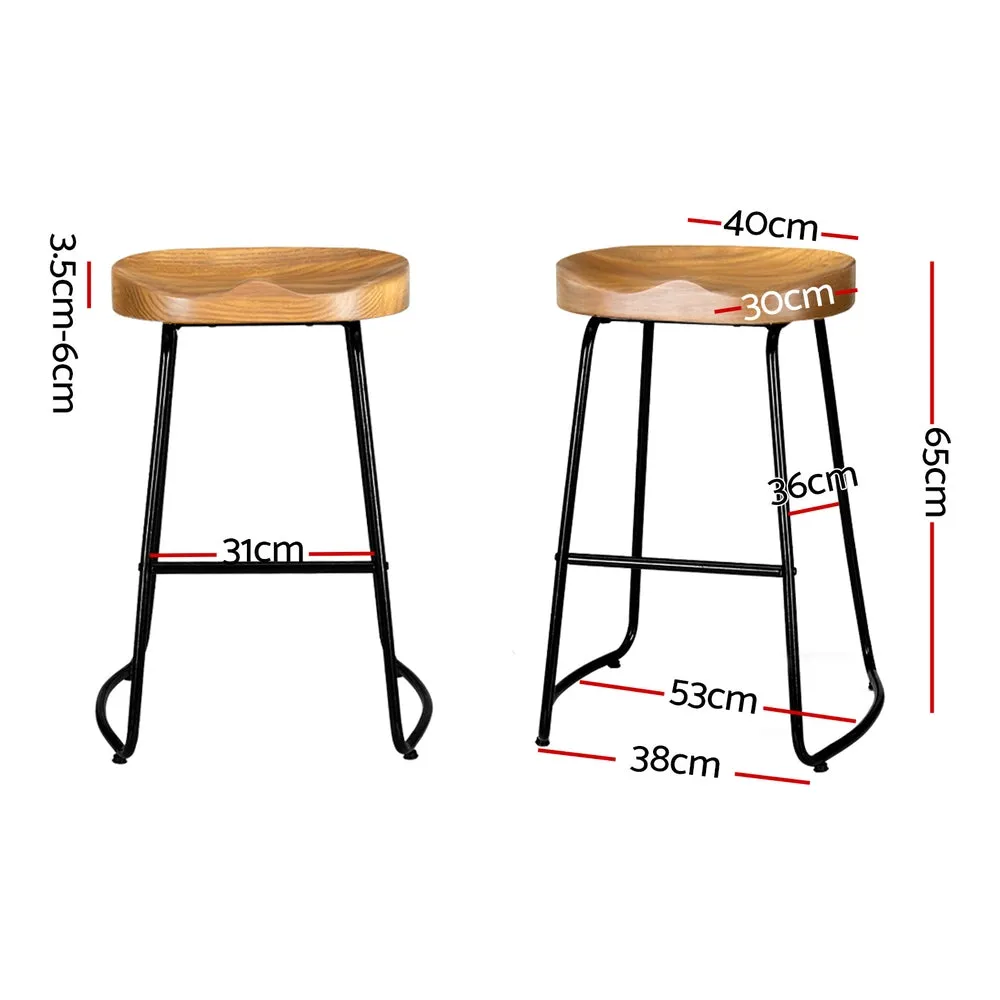 2x Wooden Backless Bar Stools Elm Wood Seat Retro Vintage Seating