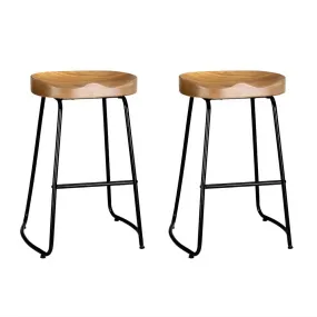 2x Wooden Backless Bar Stools Elm Wood Seat Retro Vintage Seating