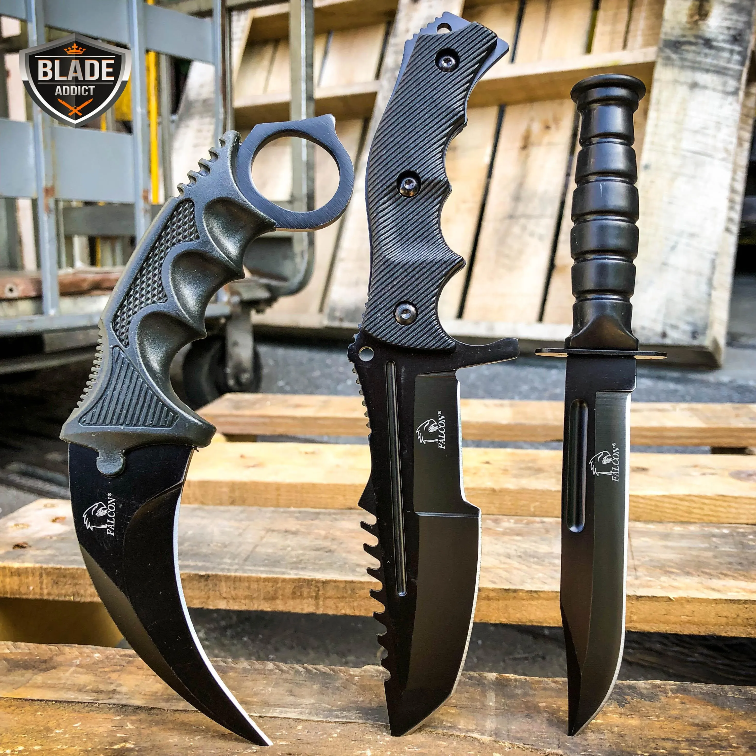 3PC COMBO CSGO Tactical Fixed Blade Knife Set - Karambit, Huntsman, Combat Knife