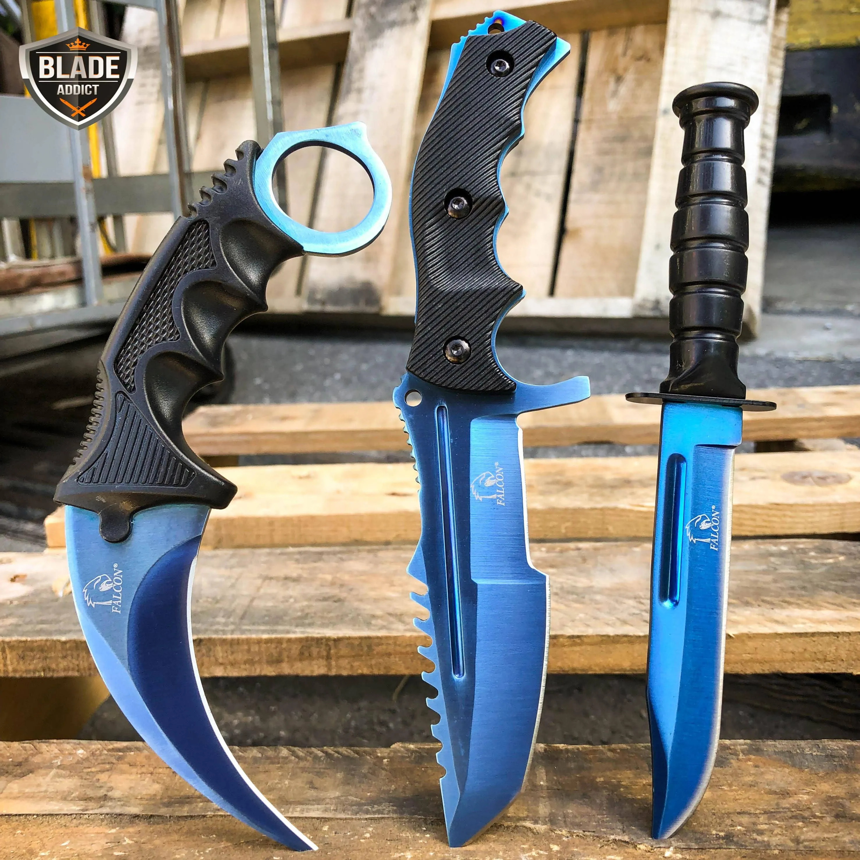 3PC COMBO CSGO Tactical Fixed Blade Knife Set - Karambit, Huntsman, Combat Knife