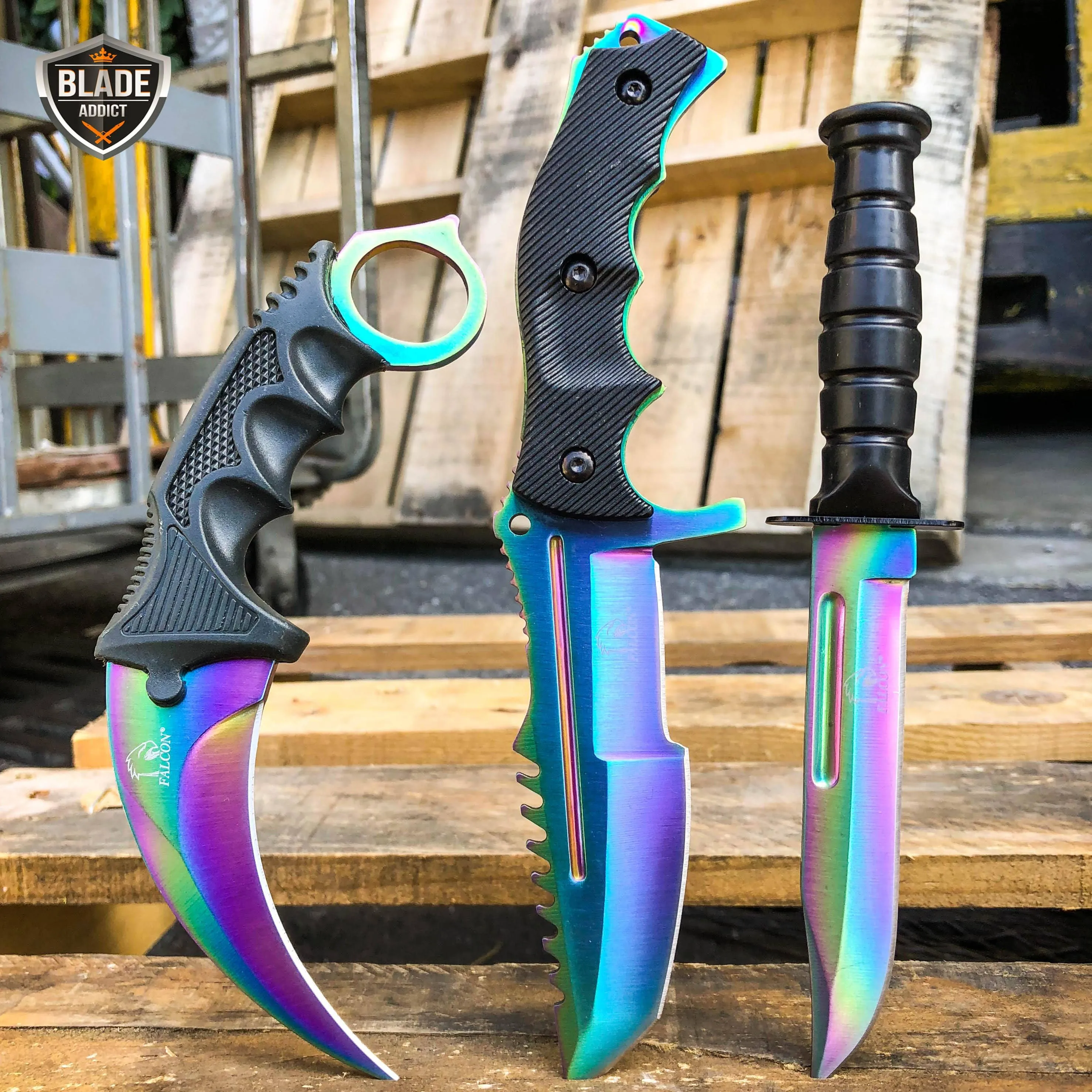 3PC COMBO CSGO Tactical Fixed Blade Knife Set - Karambit, Huntsman, Combat Knife