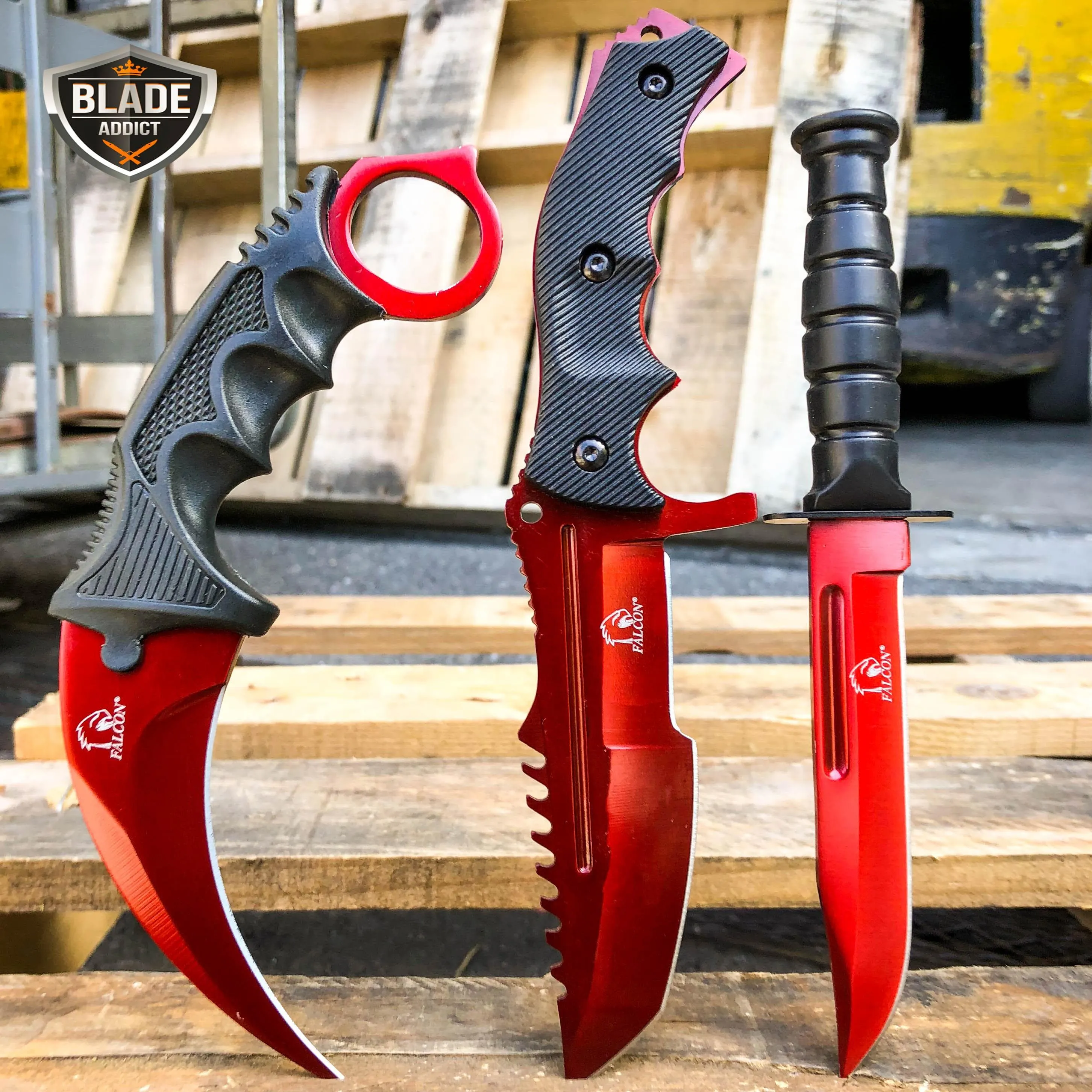 3PC COMBO CSGO Tactical Fixed Blade Knife Set - Karambit, Huntsman, Combat Knife