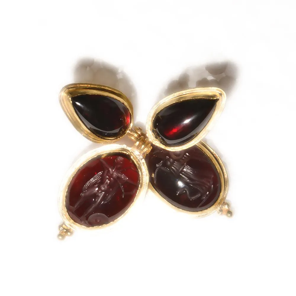 A pair of Greek Revival Gold Earrings with Garnet Intaglios, 19th Century