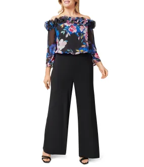 Adrianna Papell Off Shoulder Ruffled Neck 3/4 Sleeve Floral Print Bodice Zipper Back with Stretch Jersey Pants (Plus Size)