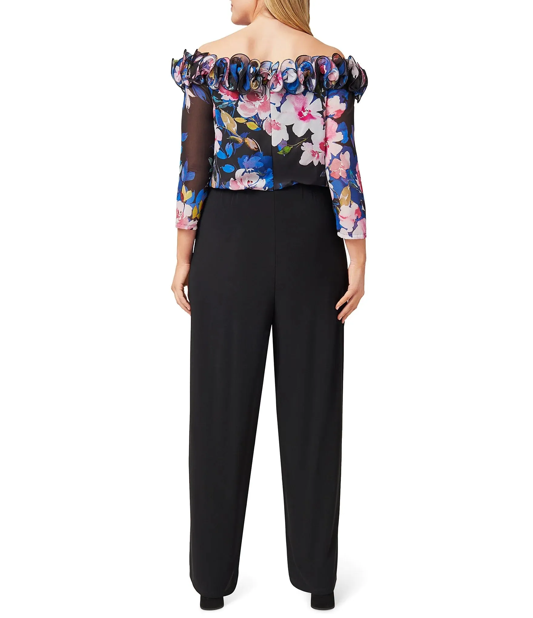 Adrianna Papell Off Shoulder Ruffled Neck 3/4 Sleeve Floral Print Bodice Zipper Back with Stretch Jersey Pants (Plus Size)