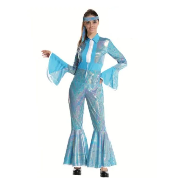 Adult Ladies 1970s Blue Disco Jumpsuit Costume