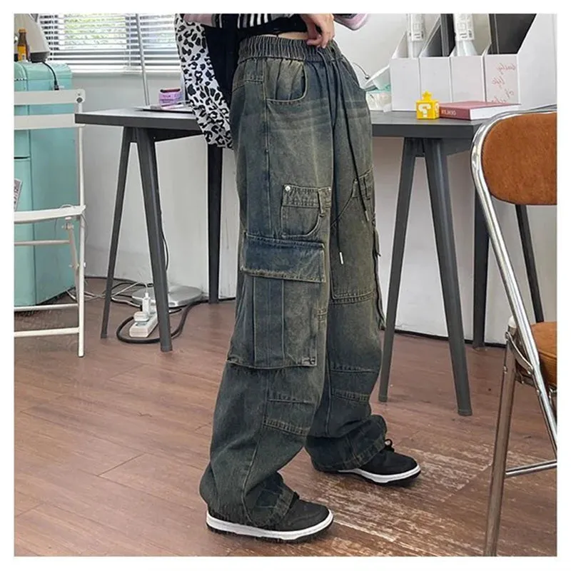 Advbridge  Women's Elastic Waist Drawstring Large Pocket Neutral Jeans Cool Girl High Waisted Pants Female Casual  Wide Leg Denim Trousers