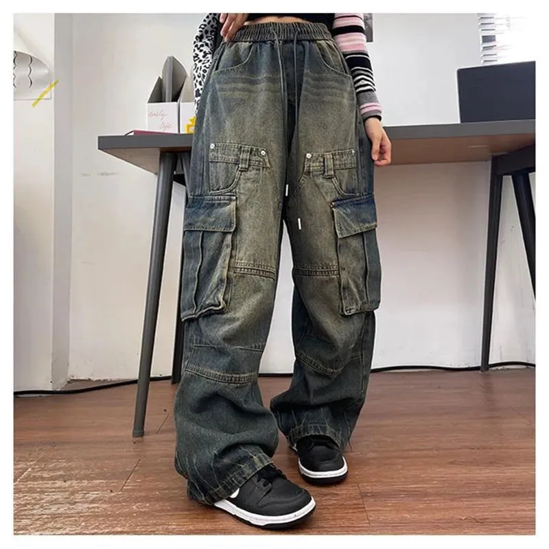 Advbridge  Women's Elastic Waist Drawstring Large Pocket Neutral Jeans Cool Girl High Waisted Pants Female Casual  Wide Leg Denim Trousers