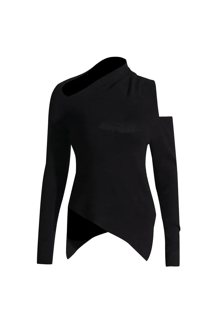 Asymmetrical Hem Draped Mock Neck Cutout Long Sleeve Knit Sweater