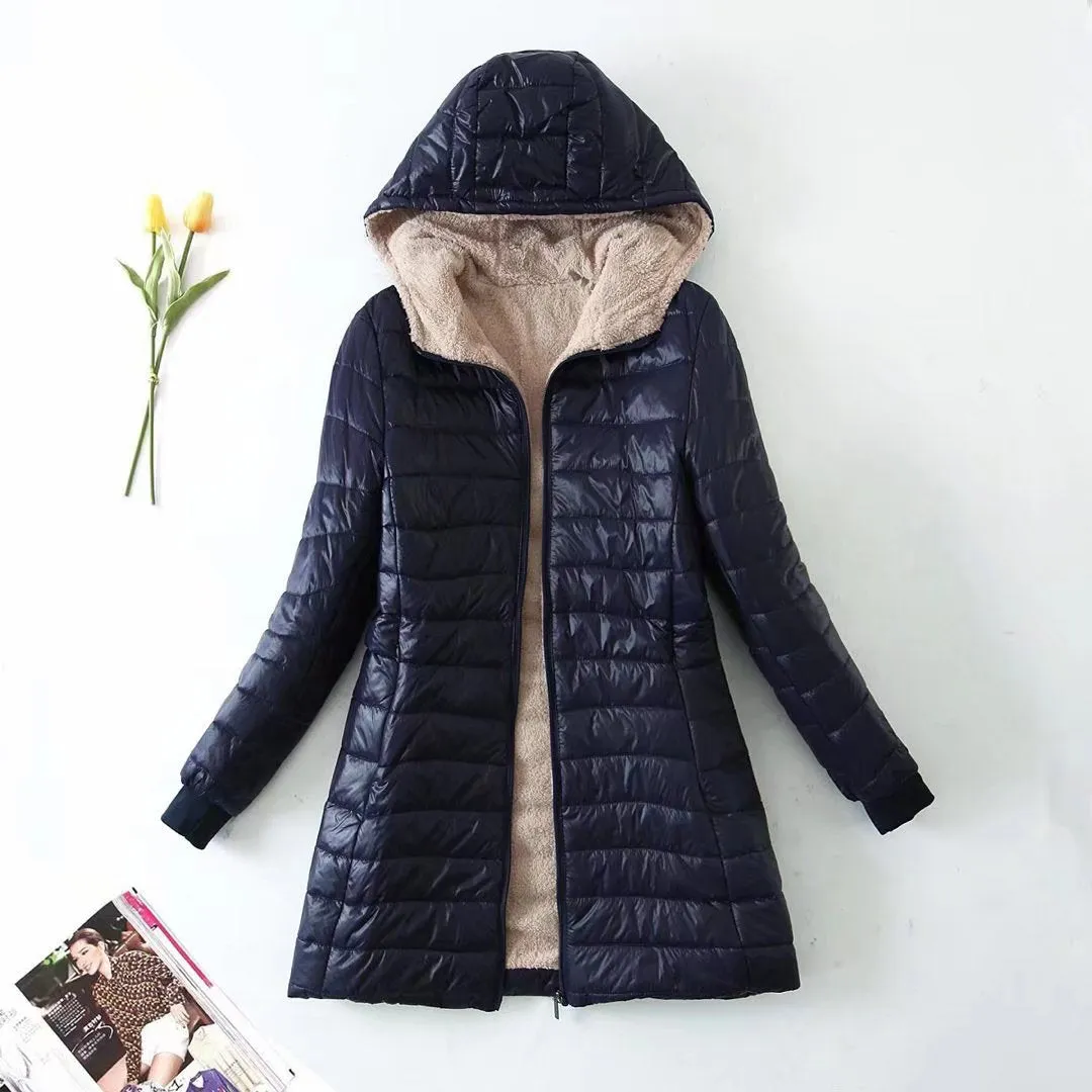 Autumn and winter new medium and long 2024 Korean version hooded slim-fitting velvet cotton-padded coat warm lamb wool top women's coat