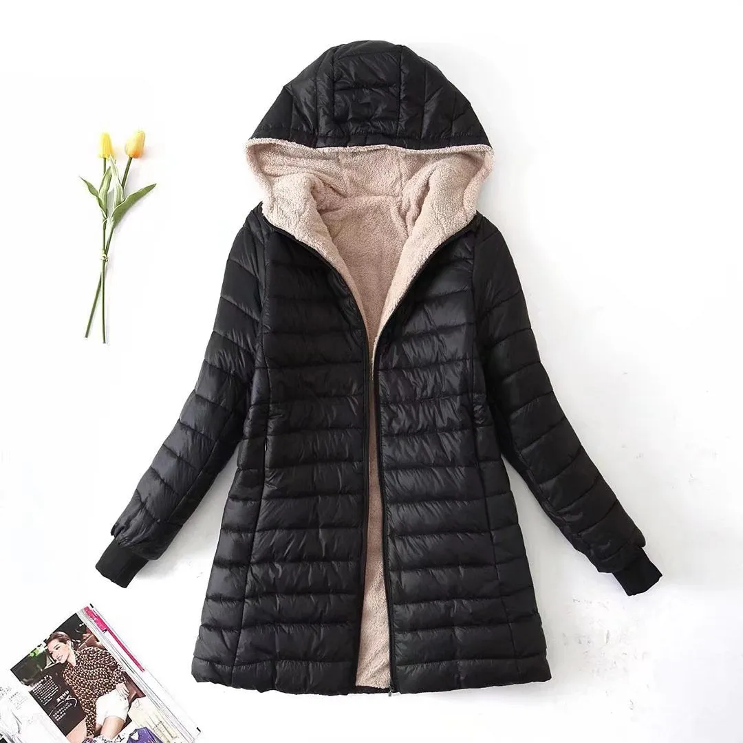 Autumn and winter new medium and long 2024 Korean version hooded slim-fitting velvet cotton-padded coat warm lamb wool top women's coat