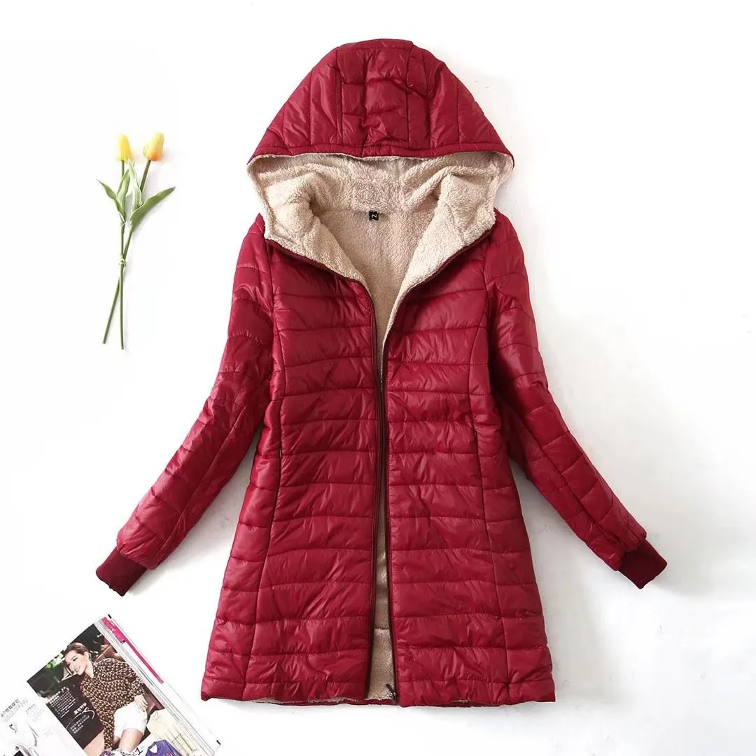 Autumn and winter new medium and long 2024 Korean version hooded slim-fitting velvet cotton-padded coat warm lamb wool top women's coat