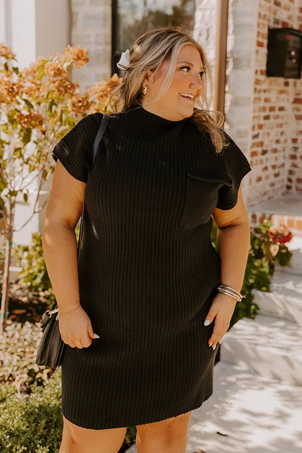 Autumn Crisp Ribbed Sweater Dress in Black Curves