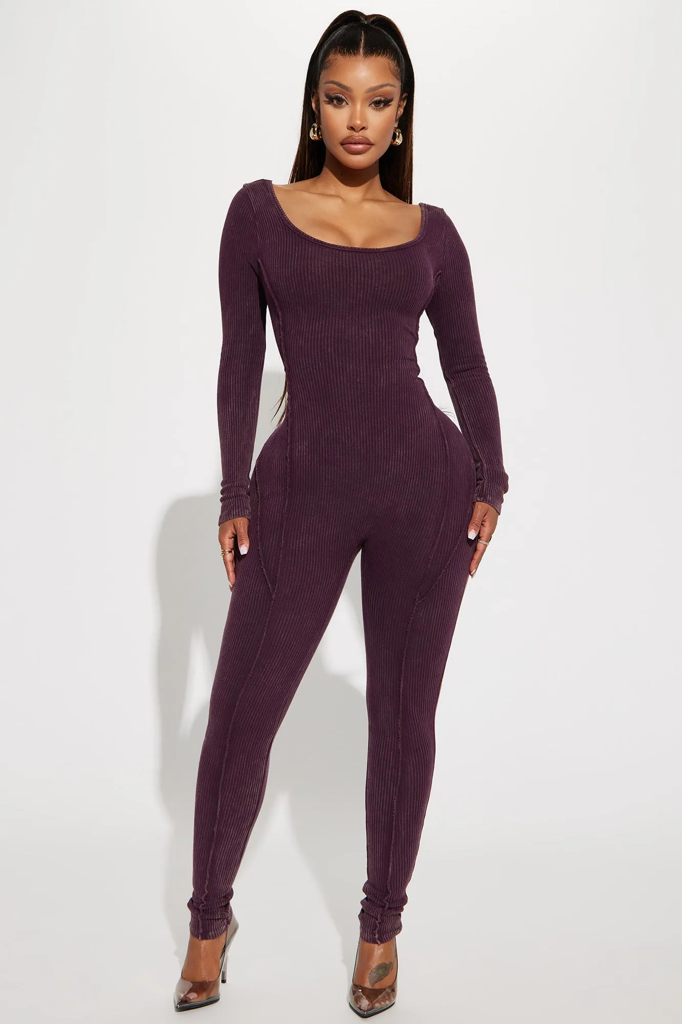 Ayla Mineral Wash Ribbed Jumpsuit - Burgundy