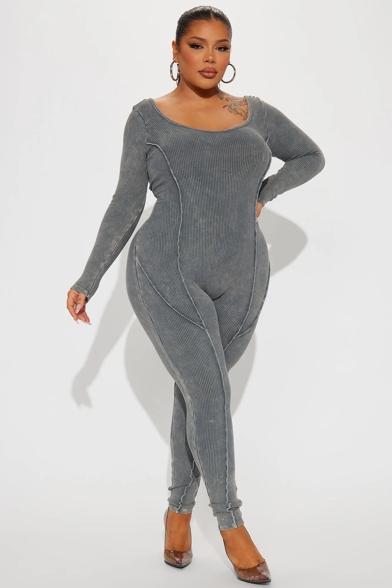 Ayla Mineral Wash Ribbed Jumpsuit - Charcoal