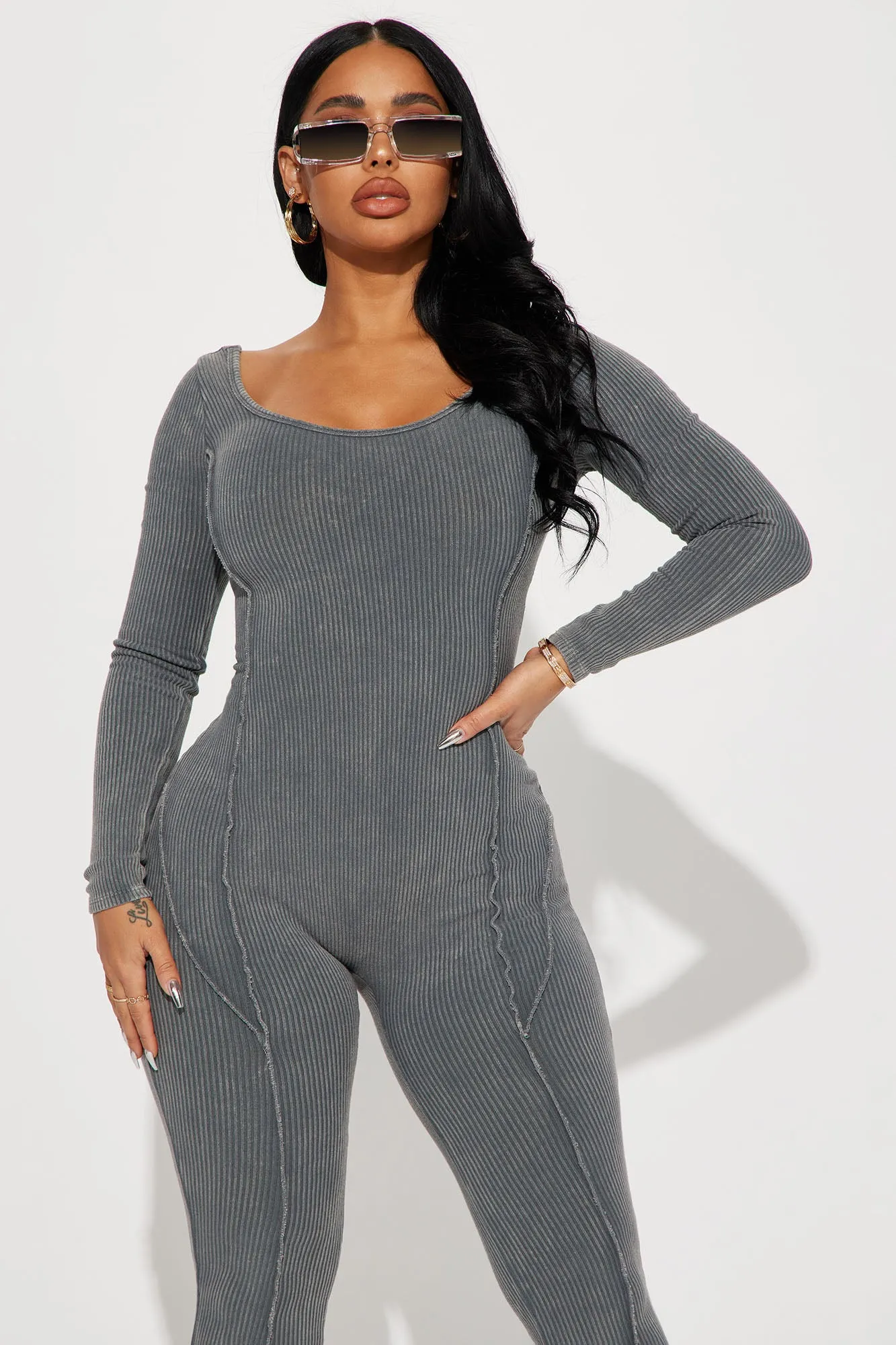 Ayla Mineral Wash Ribbed Jumpsuit - Charcoal