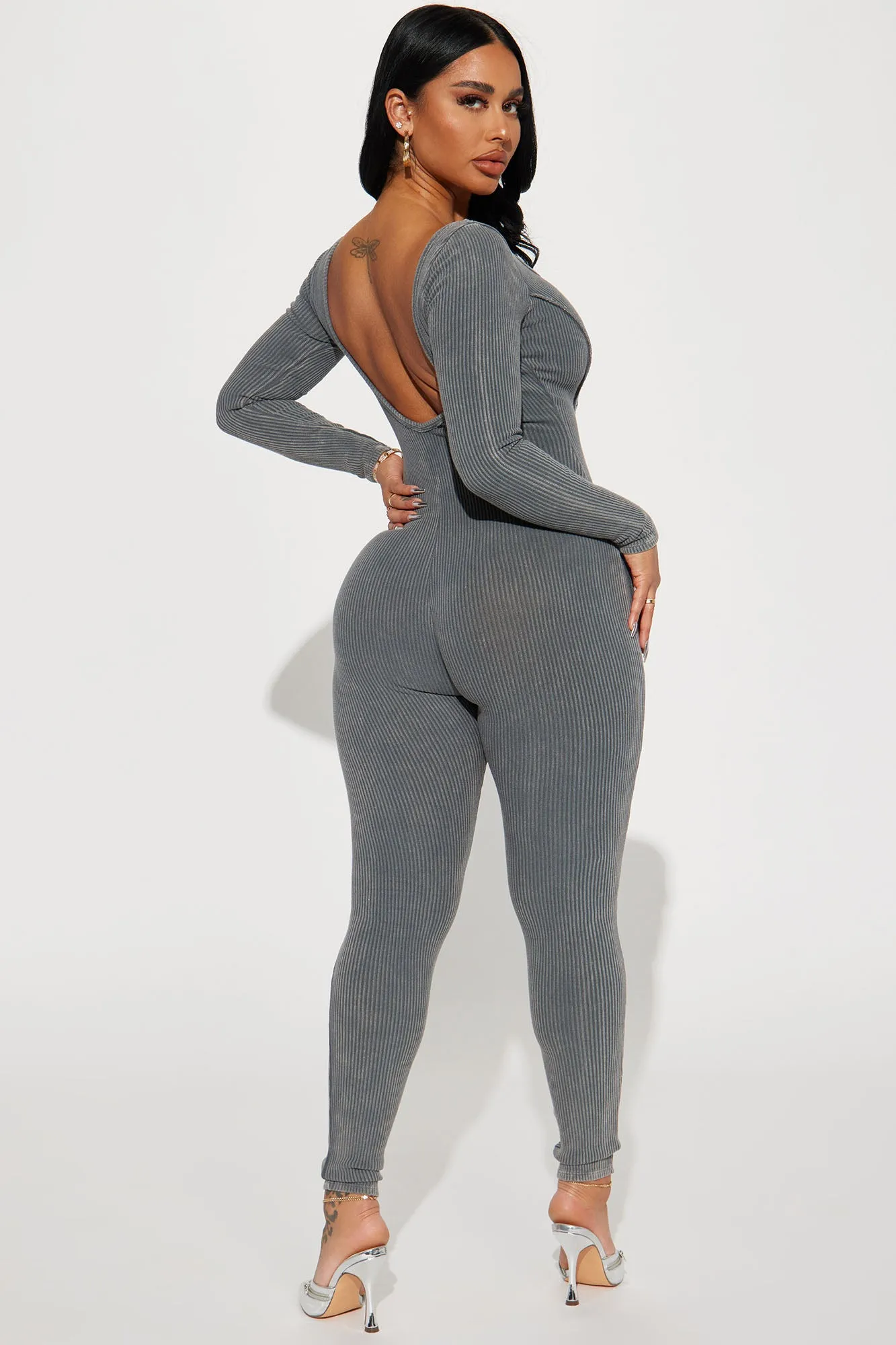 Ayla Mineral Wash Ribbed Jumpsuit - Charcoal