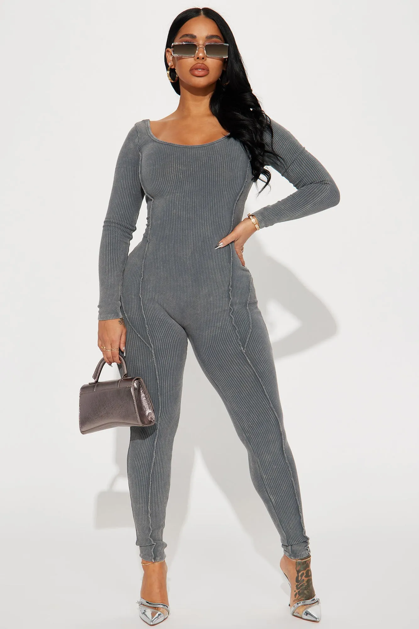 Ayla Mineral Wash Ribbed Jumpsuit - Charcoal