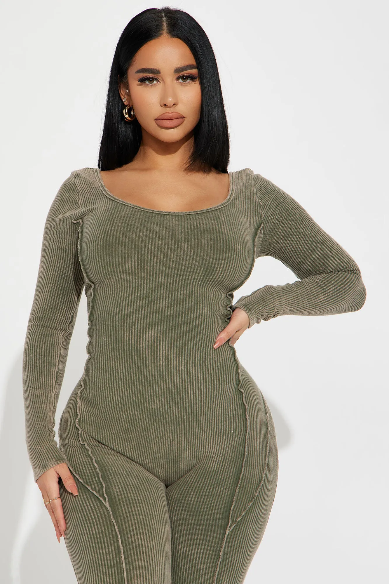 Ayla Mineral Wash Ribbed Jumpsuit - Olive