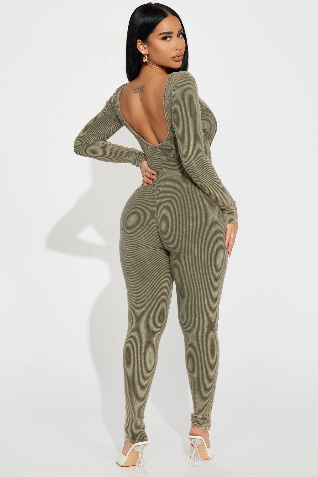 Ayla Mineral Wash Ribbed Jumpsuit - Olive