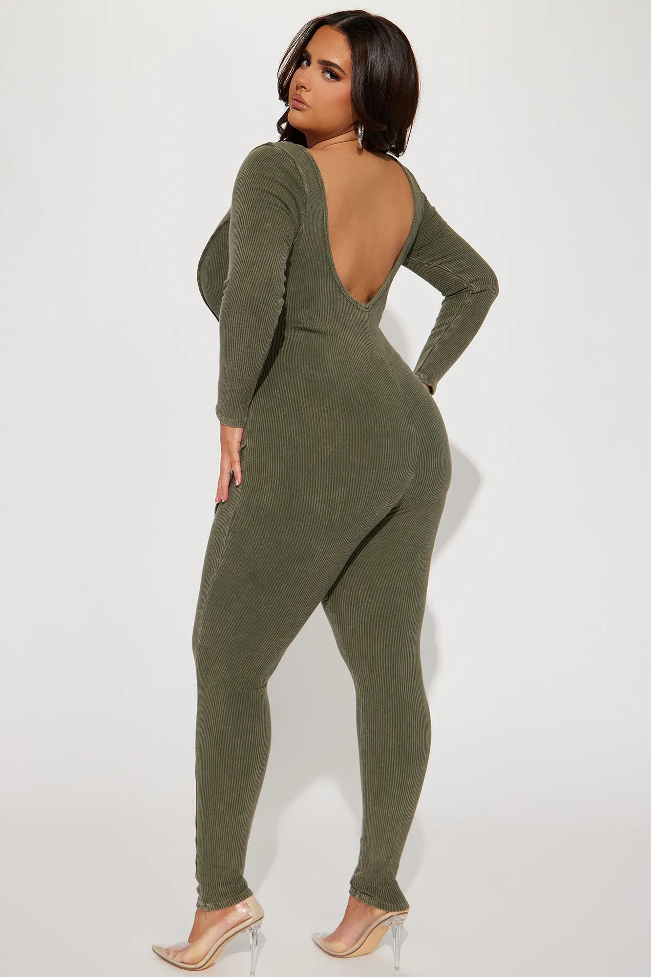 Ayla Mineral Wash Ribbed Jumpsuit - Olive