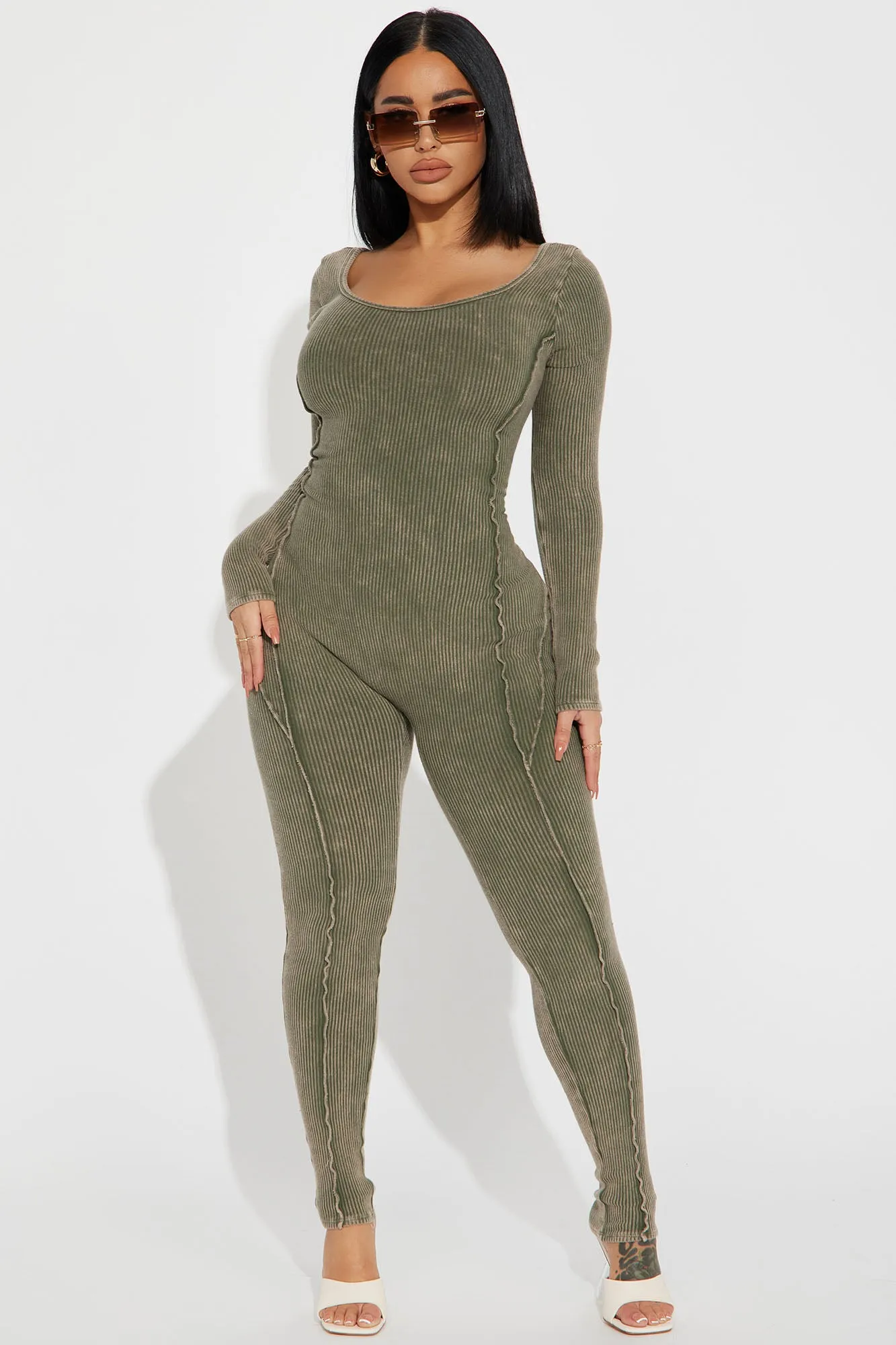 Ayla Mineral Wash Ribbed Jumpsuit - Olive