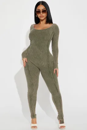 Ayla Mineral Wash Ribbed Jumpsuit - Olive