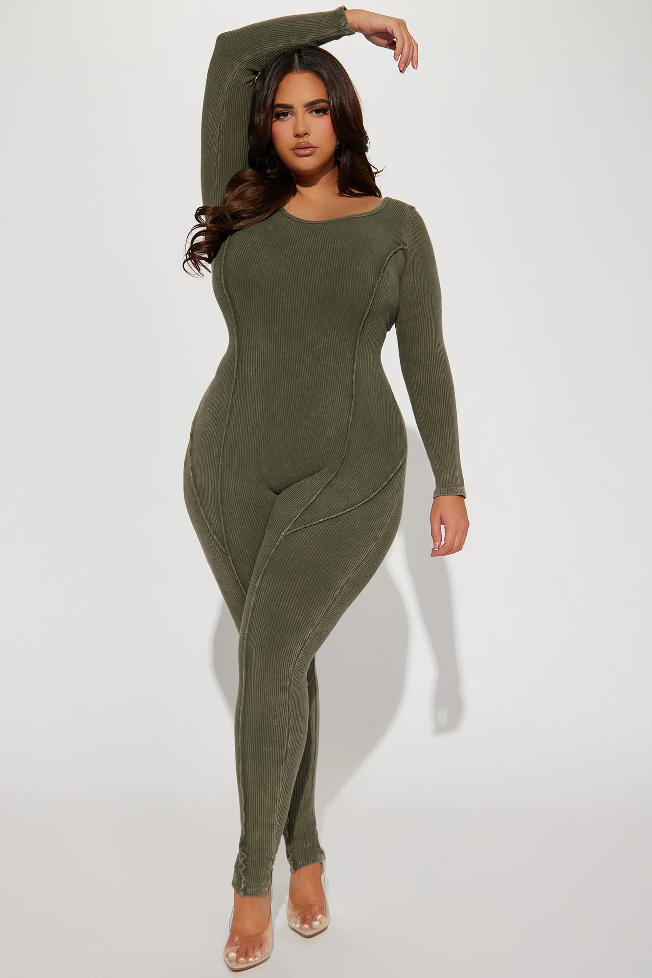 Ayla Mineral Wash Ribbed Jumpsuit - Olive