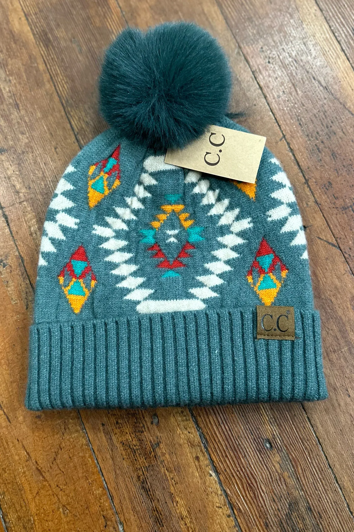 Aztec Patterned Faux Fur Pom Beanie Hat