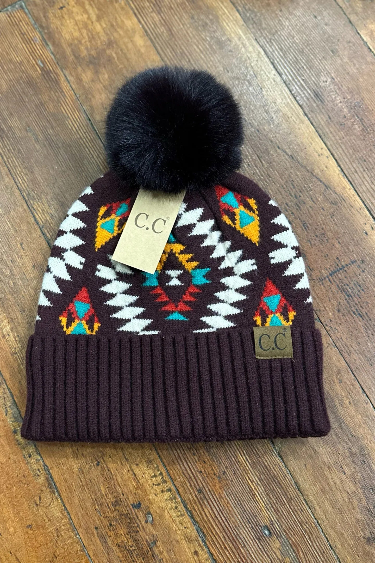 Aztec Patterned Faux Fur Pom Beanie Hat