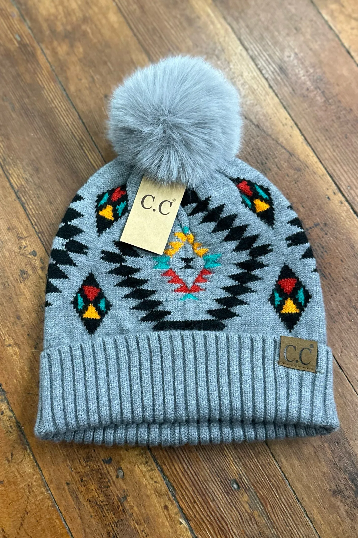 Aztec Patterned Faux Fur Pom Beanie Hat