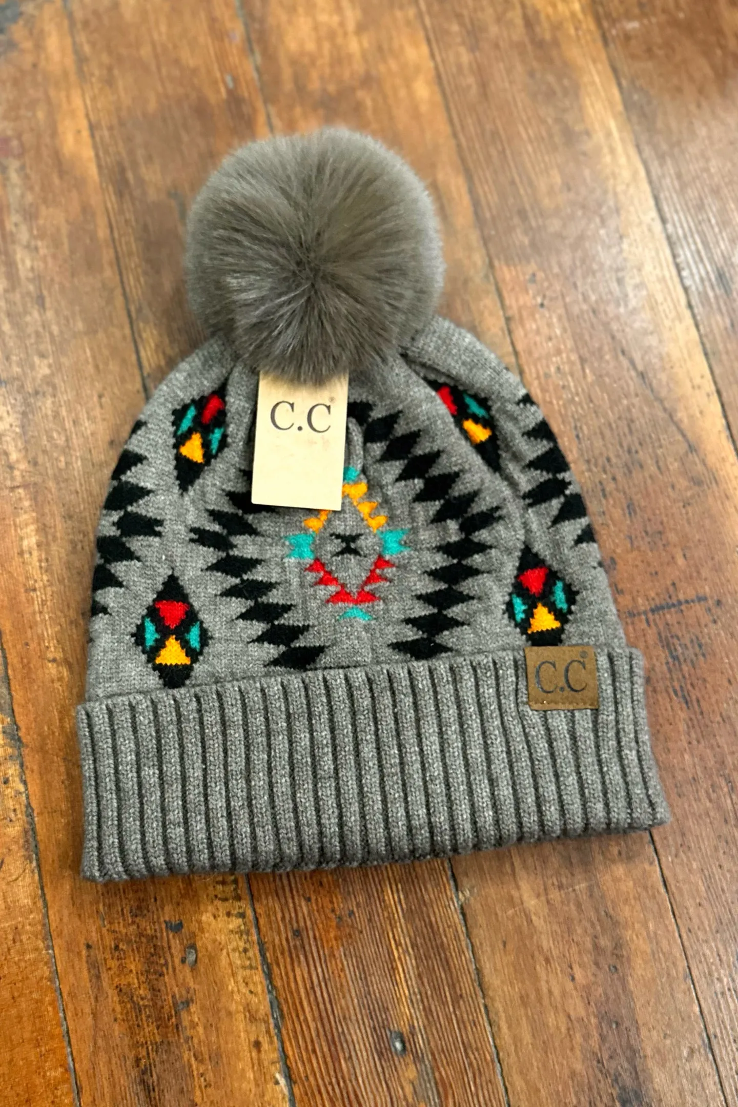 Aztec Patterned Faux Fur Pom Beanie Hat