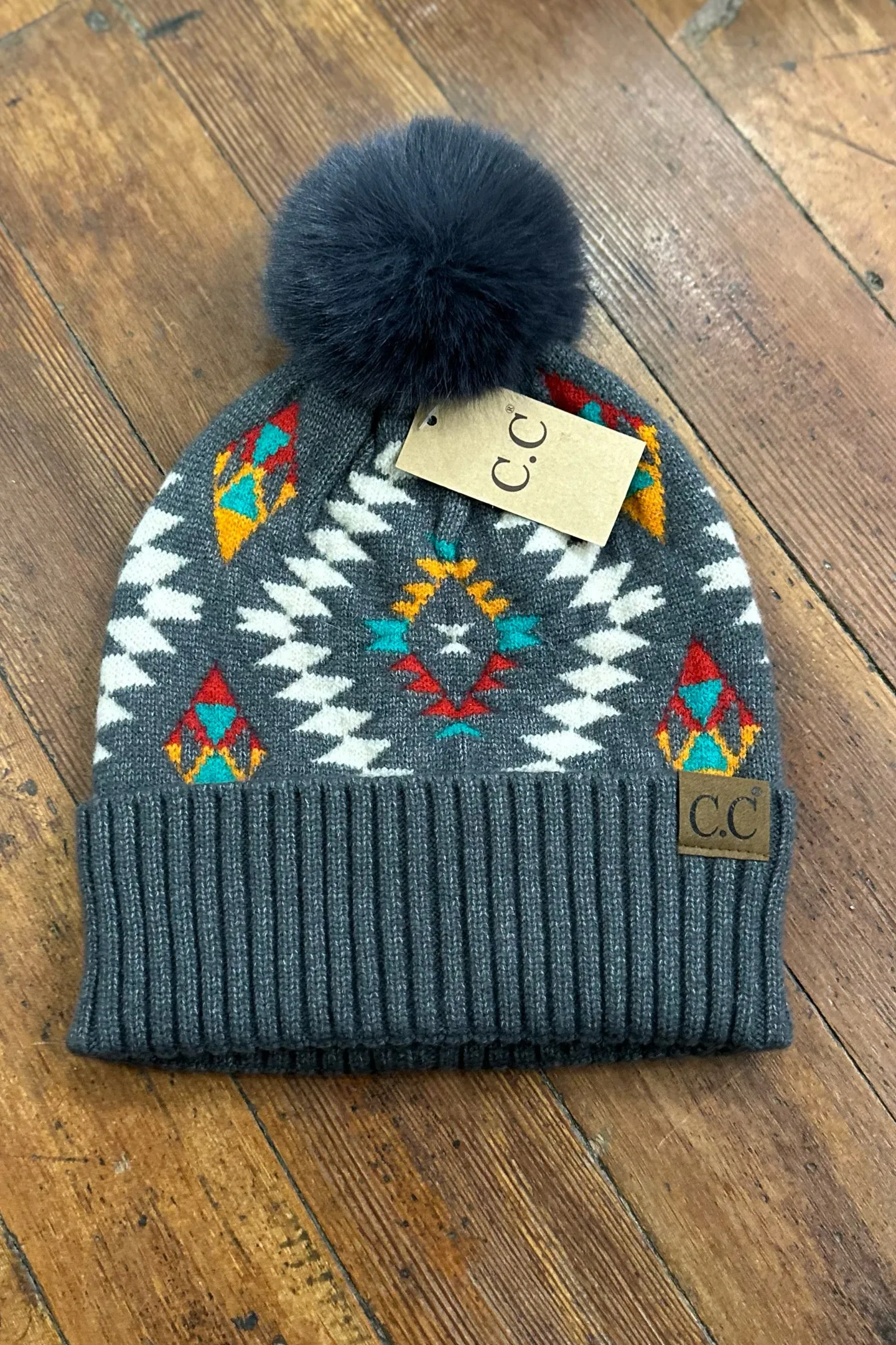 Aztec Patterned Faux Fur Pom Beanie Hat