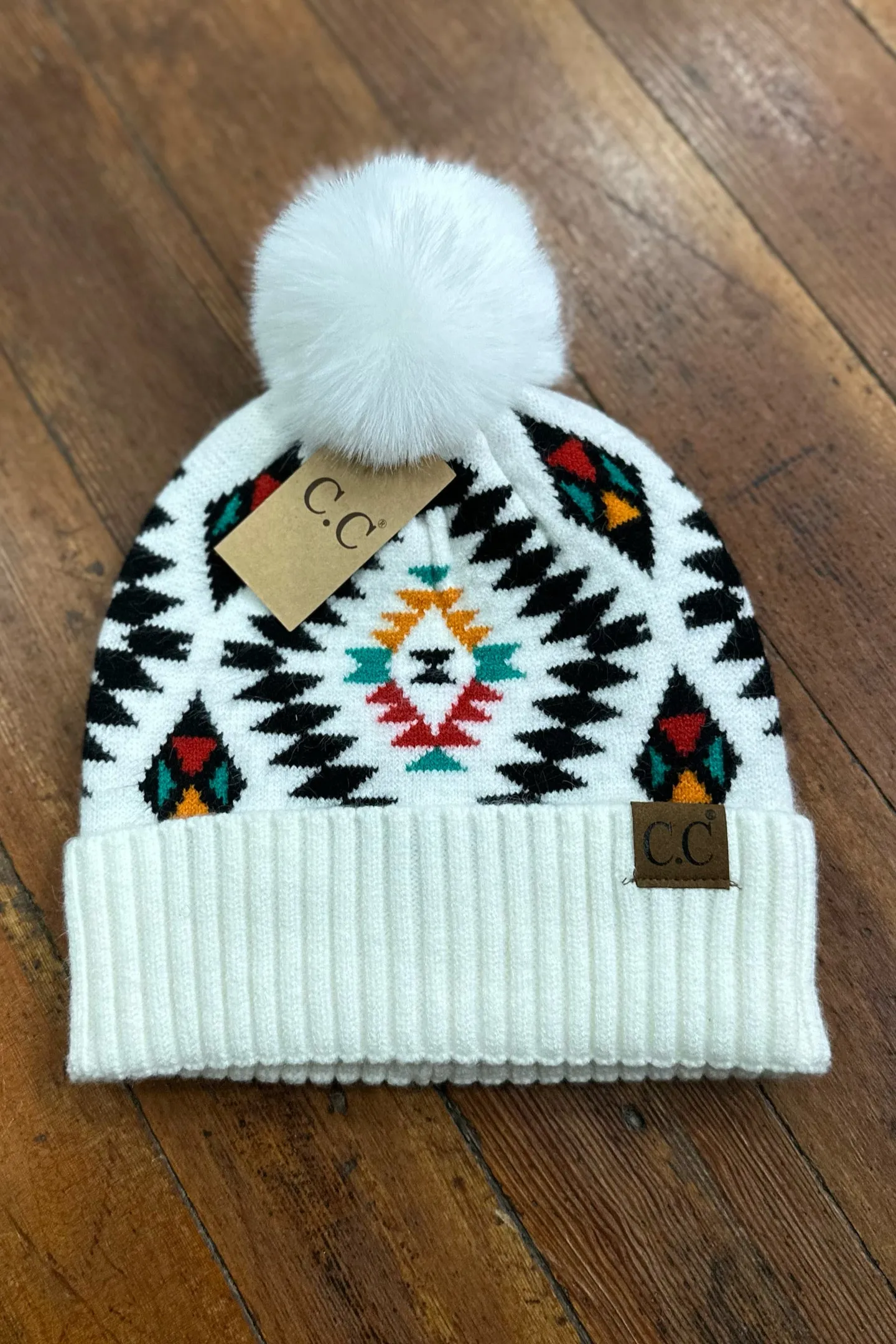 Aztec Patterned Faux Fur Pom Beanie Hat