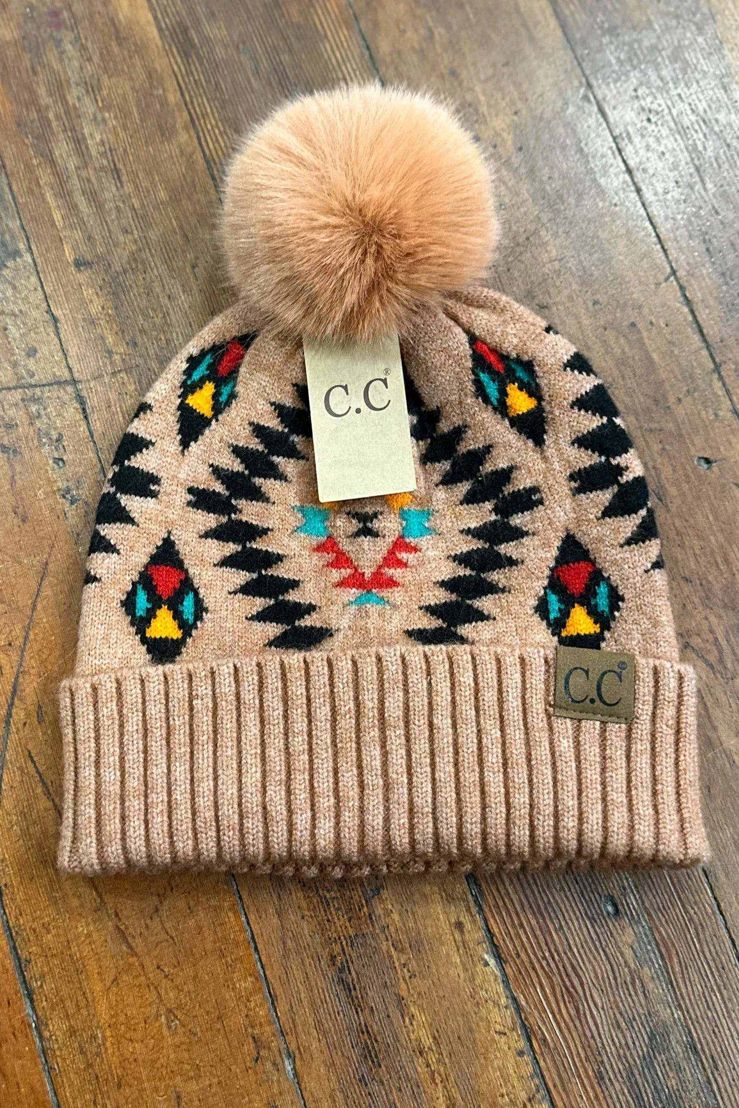 Aztec Patterned Faux Fur Pom Beanie Hat