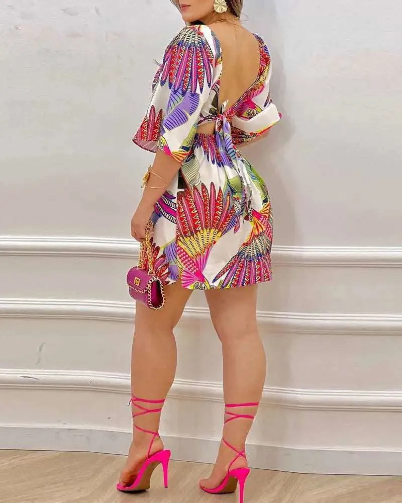 Backless Half Sleeve Tropical Print Top and Mini Dresses