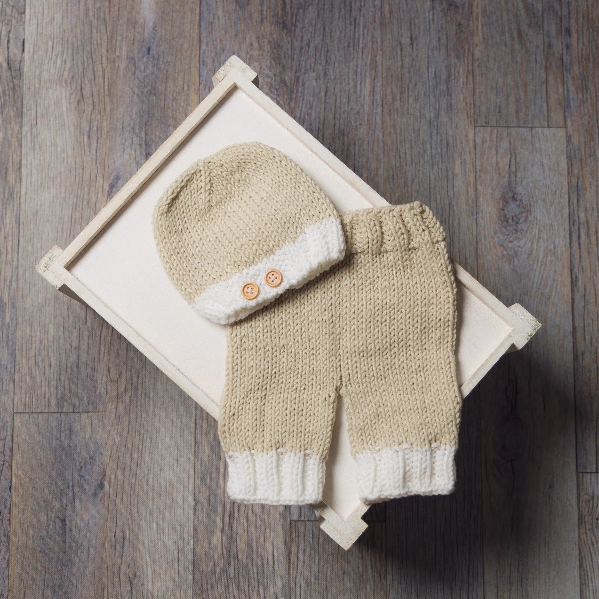 Beige and Cream Knit Newborn Button Hat and Pants Set