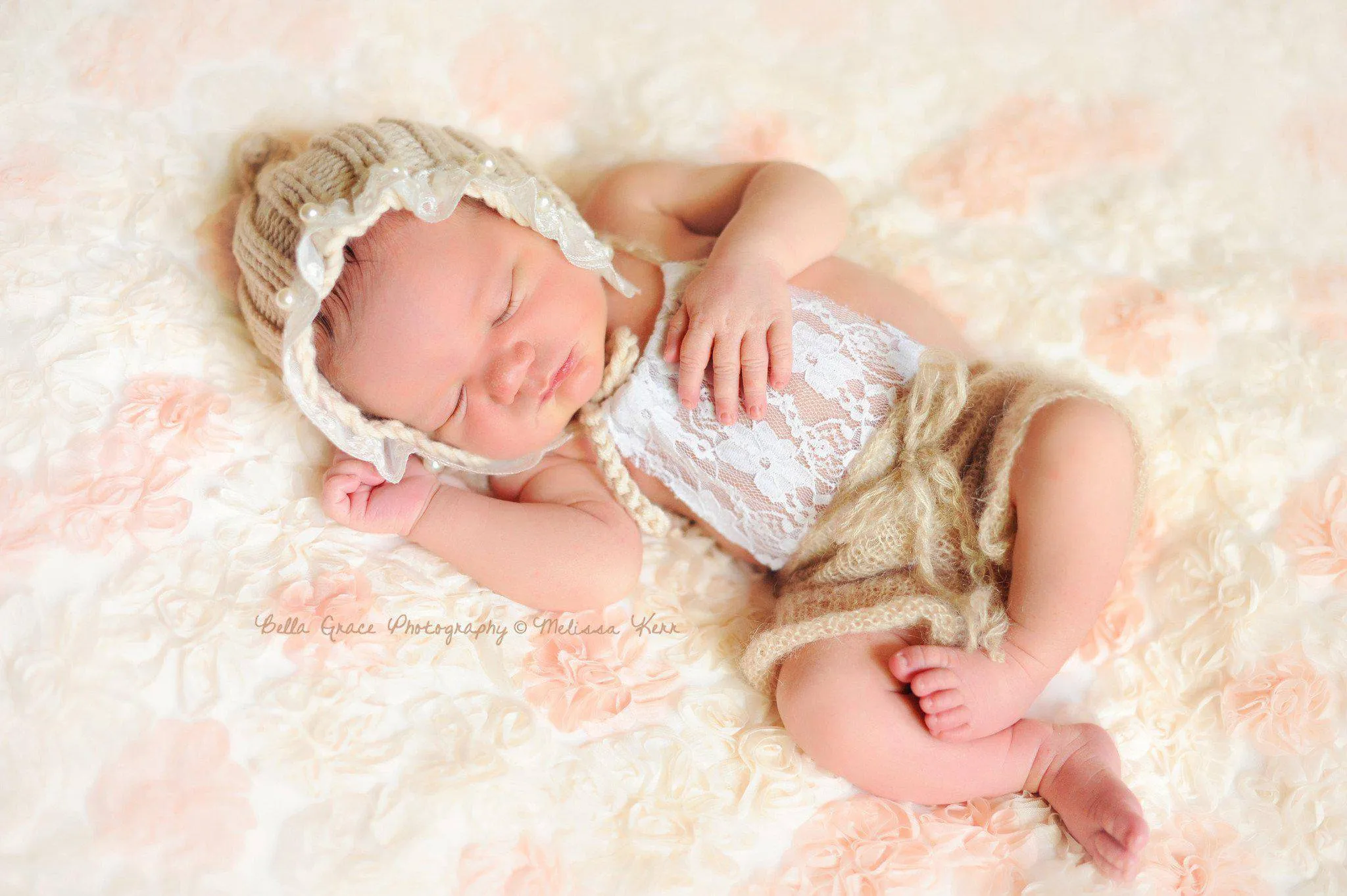 Beige Lace Front Mohair Knit Newborn Romper